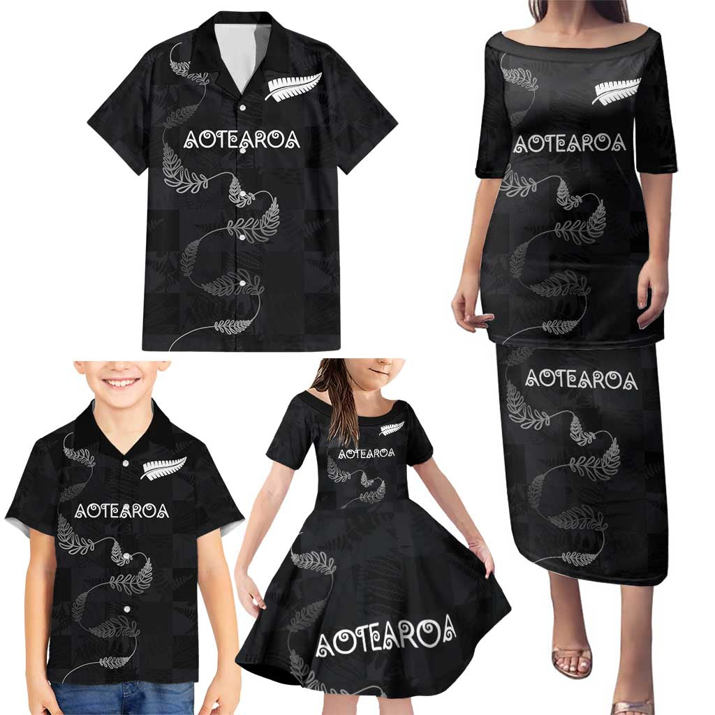Custom New Zealand Rugby Family Matching Puletasi and Hawaiian Shirt All Silver Ferns Blacks