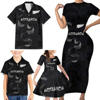 Custom New Zealand Rugby Family Matching Short Sleeve Bodycon Dress and Hawaiian Shirt All Silver Ferns Blacks
