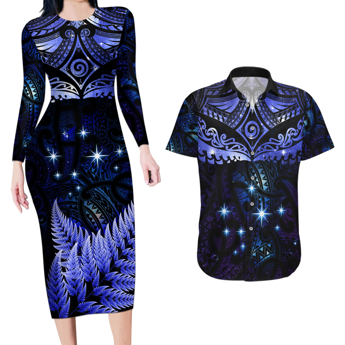 New Zealand Matariki Couples Matching Long Sleeve Bodycon Dress and Hawaiian Shirt Maori Pattern and Matariki Sky Night LT03 Blue - Polynesian Pride