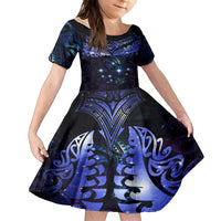 New Zealand Matariki Family Matching Puletasi and Hawaiian Shirt Maori Pattern and Matariki Sky Night LT03 Daughter's Dress Blue - Polynesian Pride