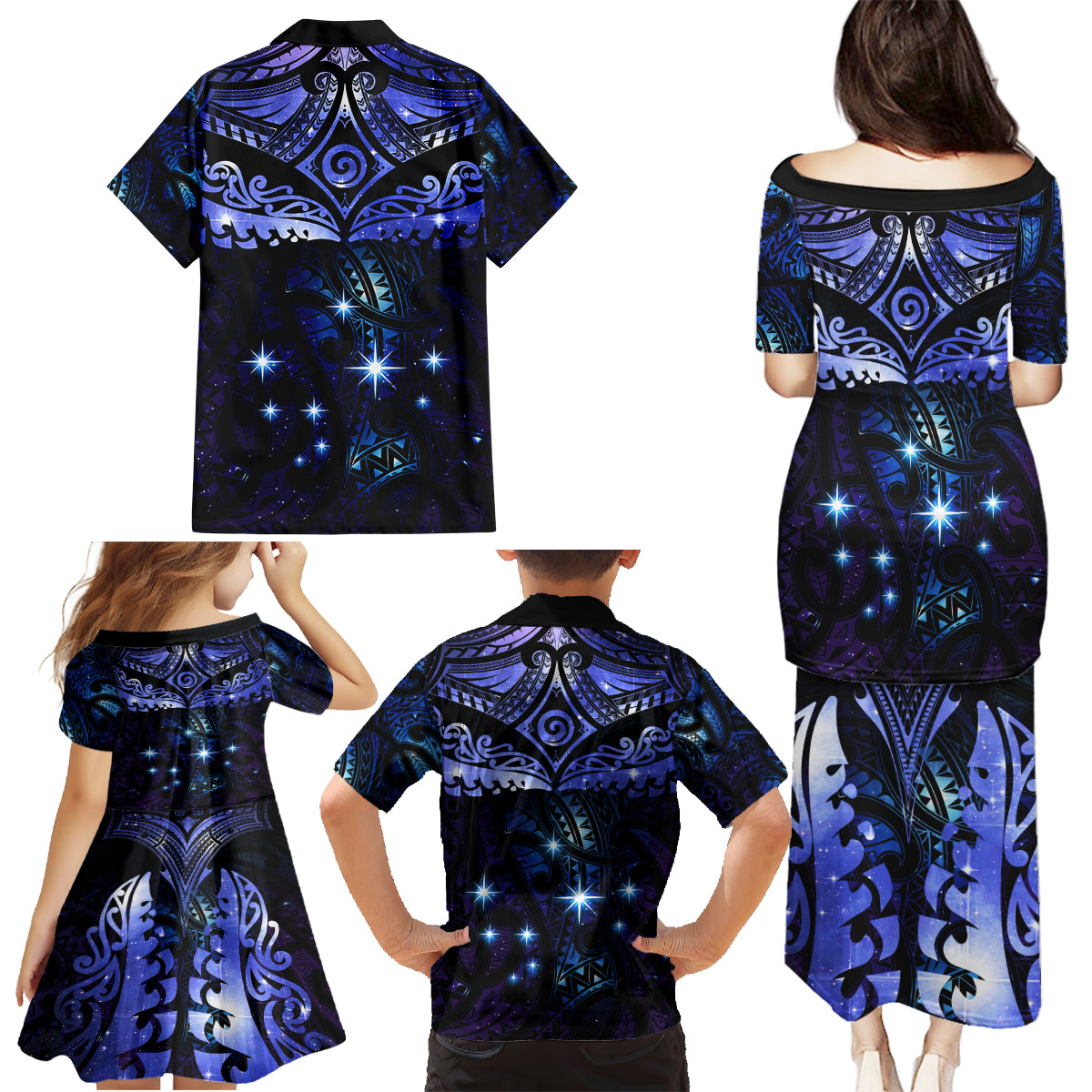 New Zealand Matariki Family Matching Puletasi and Hawaiian Shirt Maori Pattern and Matariki Sky Night LT03 - Polynesian Pride