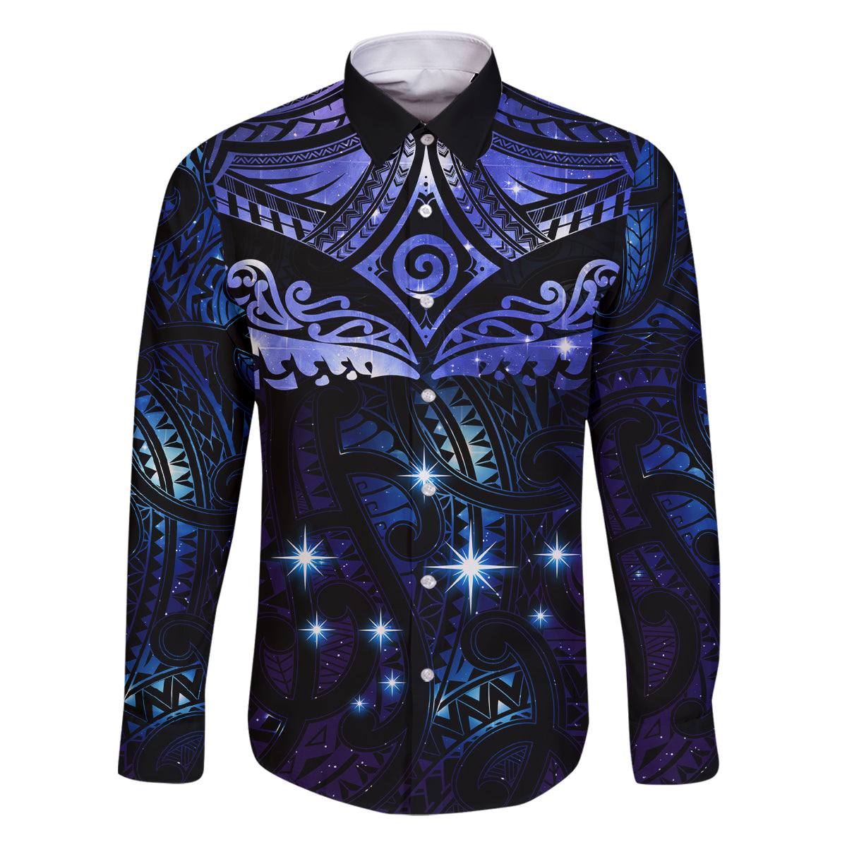 New Zealand Matariki Family Matching Puletasi and Hawaiian Shirt Maori Pattern and Matariki Sky Night LT03 Dad's Shirt - Long Sleeve Blue - Polynesian Pride