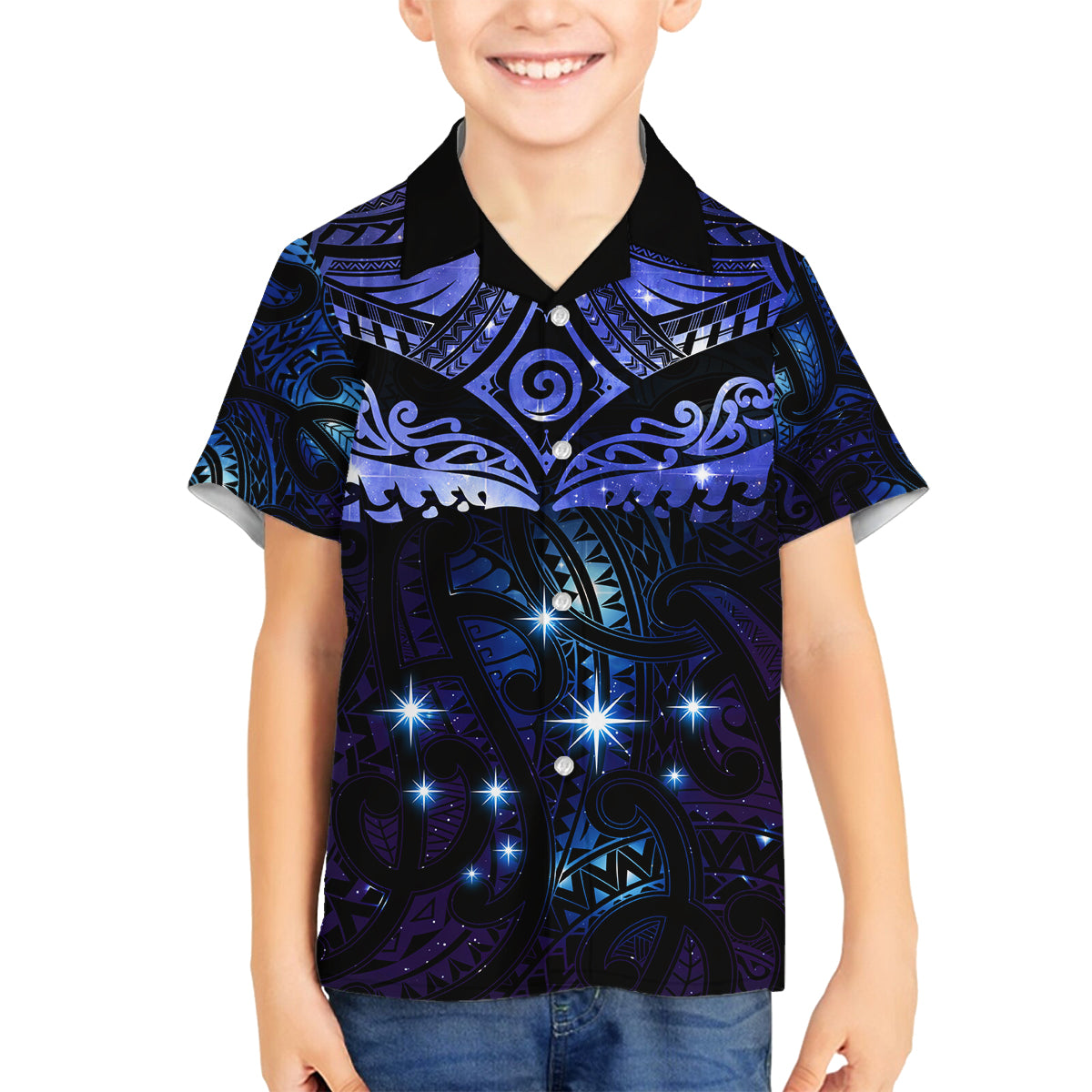 New Zealand Matariki Family Matching Puletasi and Hawaiian Shirt Maori Pattern and Matariki Sky Night LT03 Son's Shirt Blue - Polynesian Pride