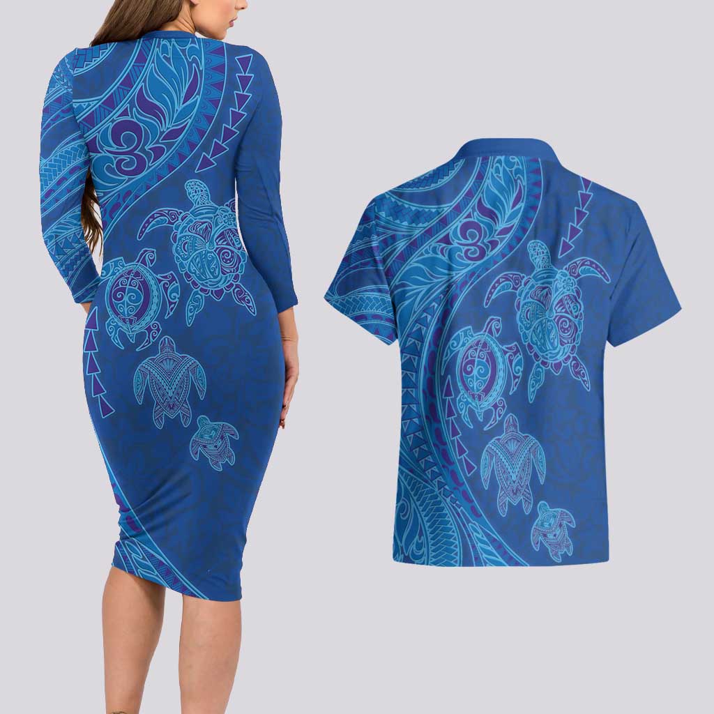 Hawaiian Turtles and Polynesian Art Tattoo Couples Matching Long Sleeve Bodycon Dress and Hawaiian Shirt Ocean Abyss LT03 - Polynesian Pride