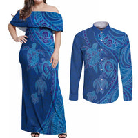 Hawaiian Turtles and Polynesian Art Tattoo Couples Matching Off Shoulder Maxi Dress and Long Sleeve Button Shirt Ocean Abyss