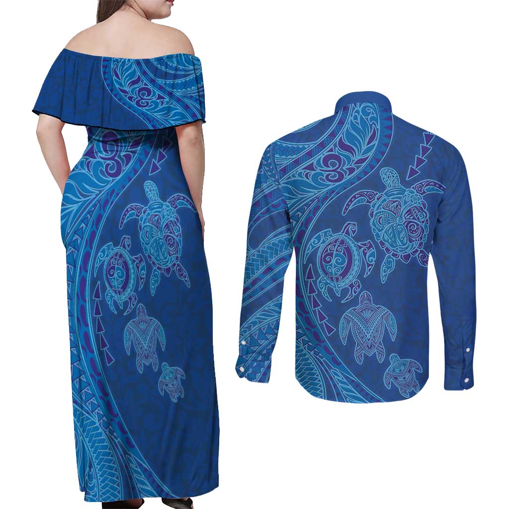 Hawaiian Turtles and Polynesian Art Tattoo Couples Matching Off Shoulder Maxi Dress and Long Sleeve Button Shirt Ocean Abyss
