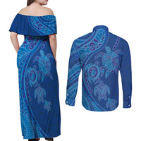 Hawaiian Turtles and Polynesian Art Tattoo Couples Matching Off Shoulder Maxi Dress and Long Sleeve Button Shirt Ocean Abyss