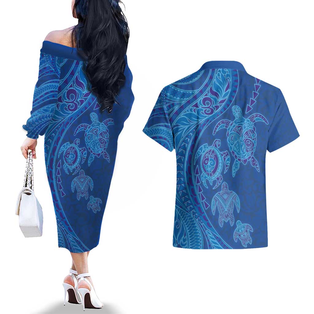 Hawaiian Turtles and Polynesian Art Tattoo Couples Matching Off The Shoulder Long Sleeve Dress and Hawaiian Shirt Ocean Abyss LT03 - Polynesian Pride