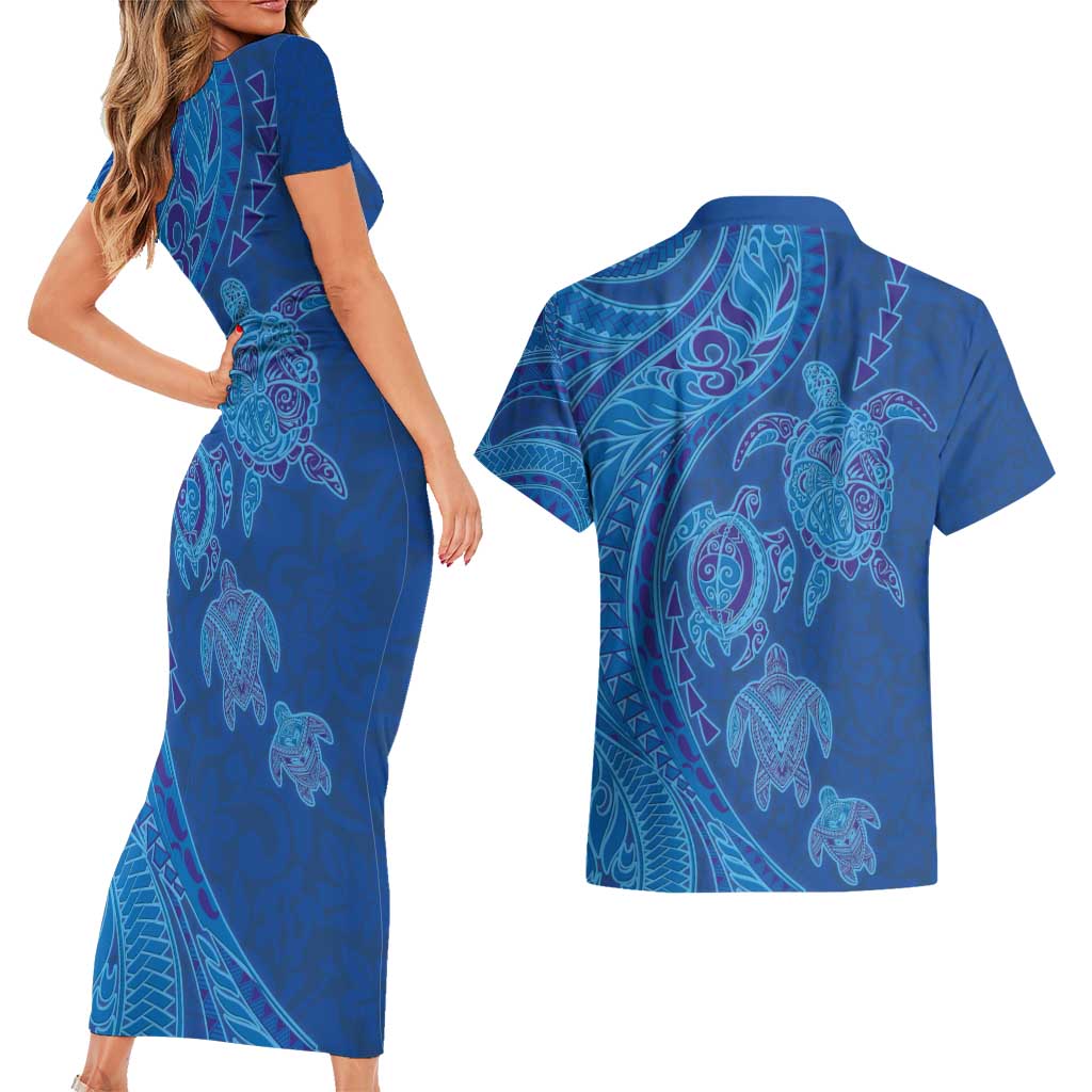 Hawaiian Turtles and Polynesian Art Tattoo Couples Matching Short Sleeve Bodycon Dress and Hawaiian Shirt Ocean Abyss LT03 - Polynesian Pride