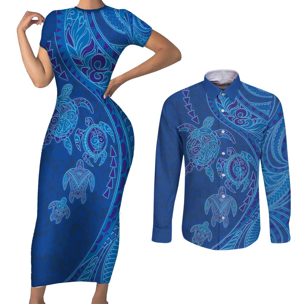 Hawaiian Turtles and Polynesian Art Tattoo Couples Matching Short Sleeve Bodycon Dress and Long Sleeve Button Shirt Ocean Abyss LT03 Blue - Polynesian Pride