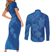 Hawaiian Turtles and Polynesian Art Tattoo Couples Matching Short Sleeve Bodycon Dress and Long Sleeve Button Shirt Ocean Abyss LT03 - Polynesian Pride