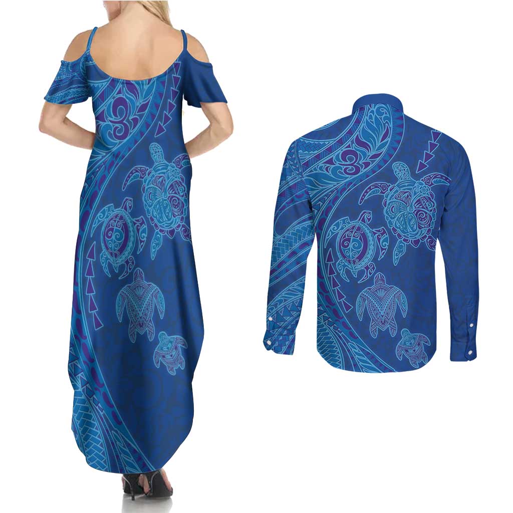 Hawaiian Turtles and Polynesian Art Tattoo Couples Matching Summer Maxi Dress and Long Sleeve Button Shirt Ocean Abyss