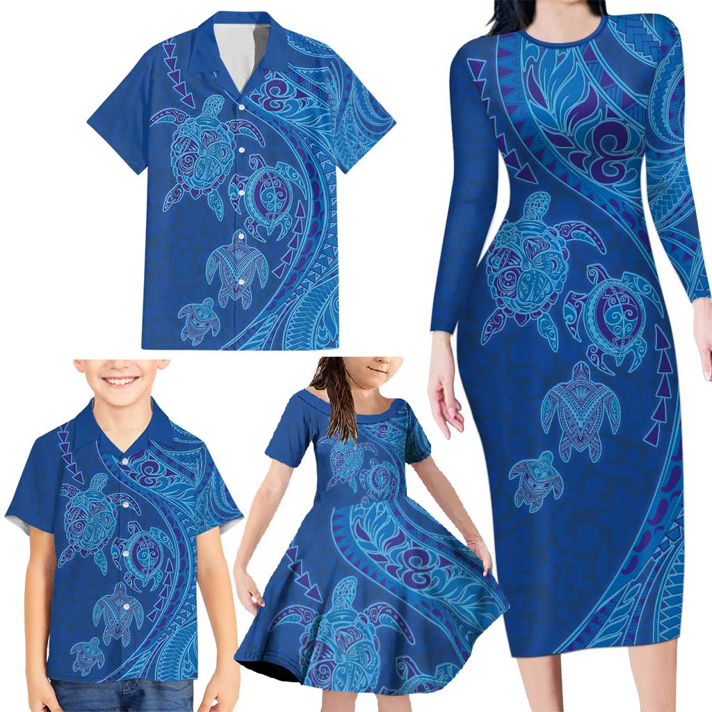 Hawaiian Turtles and Polynesian Art Tattoo Family Matching Long Sleeve Bodycon Dress and Hawaiian Shirt Ocean Abyss LT03 - Polynesian Pride