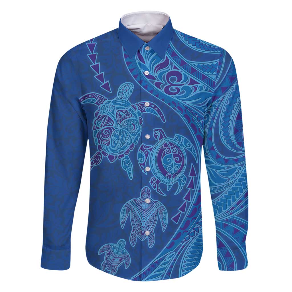 Hawaiian Turtles and Polynesian Art Tattoo Family Matching Mermaid Dress and Hawaiian Shirt Ocean Abyss LT03 Dad's Shirt - Long Sleeve Blue - Polynesian Pride