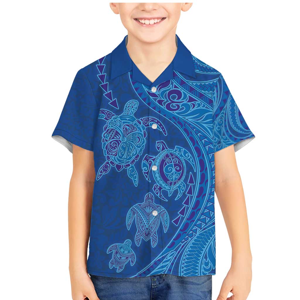Hawaiian Turtles and Polynesian Art Tattoo Family Matching Mermaid Dress and Hawaiian Shirt Ocean Abyss LT03 Son's Shirt Blue - Polynesian Pride