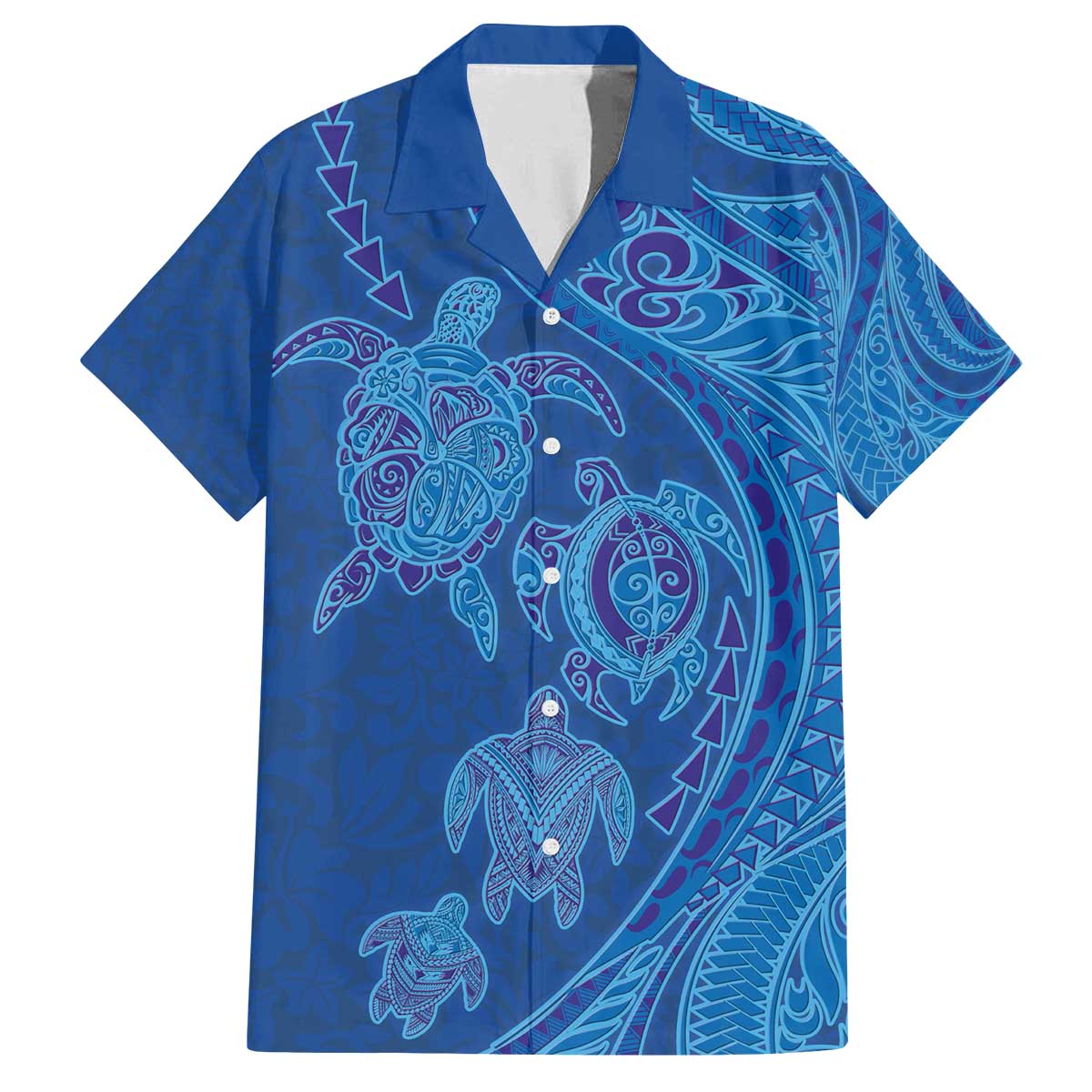 Hawaiian Turtles and Polynesian Art Tattoo Family Matching Off The Shoulder Long Sleeve Dress and Hawaiian Shirt Ocean Abyss LT03 Dad's Shirt - Short Sleeve Blue - Polynesian Pride