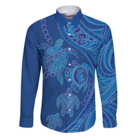 Hawaiian Turtles and Polynesian Art Tattoo Family Matching Off The Shoulder Long Sleeve Dress and Hawaiian Shirt Ocean Abyss LT03 Dad's Shirt - Long Sleeve Blue - Polynesian Pride