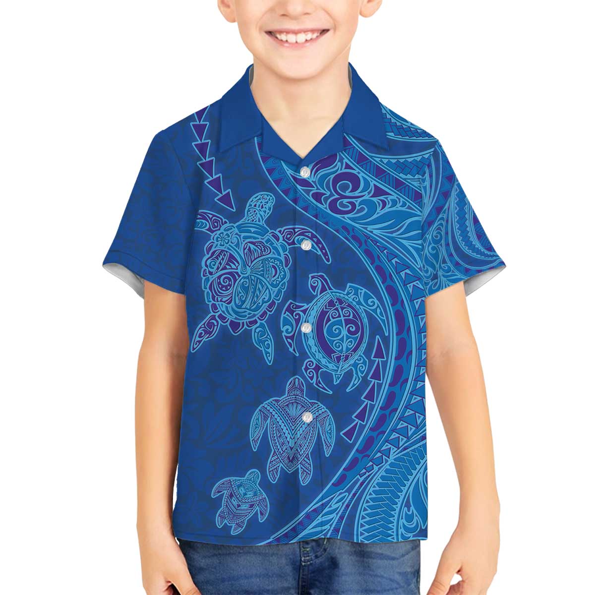 Hawaiian Turtles and Polynesian Art Tattoo Family Matching Off The Shoulder Long Sleeve Dress and Hawaiian Shirt Ocean Abyss LT03 Son's Shirt Blue - Polynesian Pride