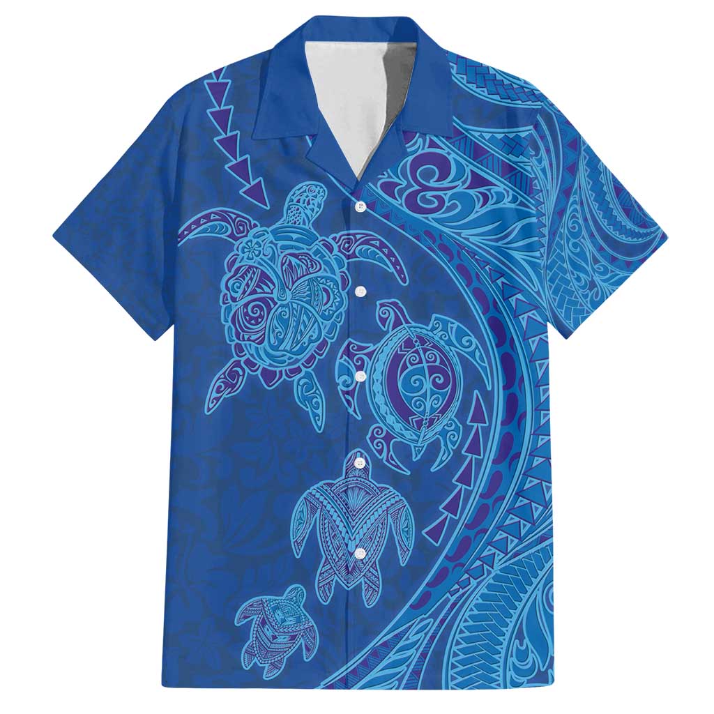 Hawaiian Turtles and Polynesian Art Tattoo Family Matching Off Shoulder Maxi Dress and Hawaiian Shirt Ocean Abyss LT03 Dad's Shirt - Short Sleeve Blue - Polynesian Pride