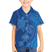 Hawaiian Turtles and Polynesian Art Tattoo Family Matching Off Shoulder Maxi Dress and Hawaiian Shirt Ocean Abyss LT03 Son's Shirt Blue - Polynesian Pride