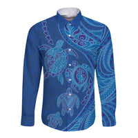 Hawaiian Turtles and Polynesian Art Tattoo Long Sleeve Button Shirt Ocean Abyss LT03 Unisex Blue - Polynesian Pride