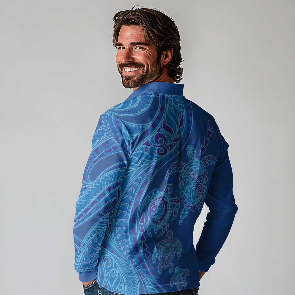 Hawaiian Turtles and Polynesian Art Tattoo Long Sleeve Polo Shirt Ocean Abyss