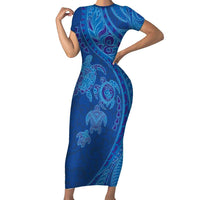 Hawaiian Turtles and Polynesian Art Tattoo Short Sleeve Bodycon Dress Ocean Abyss