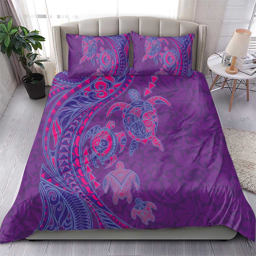 Hawaiian Turtles and Polynesian Art Tattoo Bedding Set Dusky Violet