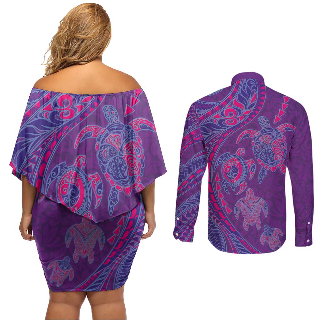 Hawaiian Turtles and Polynesian Art Tattoo Couples Matching Off Shoulder Short Dress and Long Sleeve Button Shirt Dusky Violet