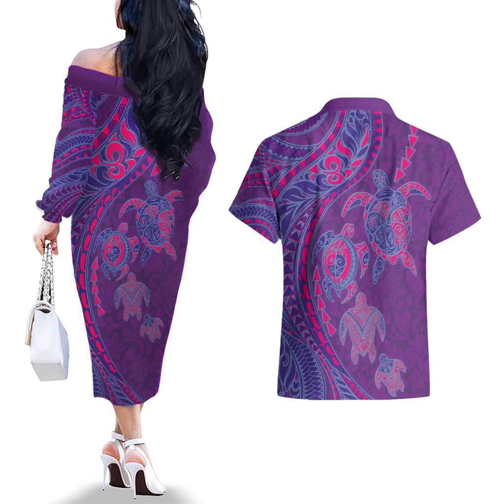 Hawaiian Turtles and Polynesian Art Tattoo Couples Matching Off The Shoulder Long Sleeve Dress and Hawaiian Shirt Dusky Violet LT03 - Polynesian Pride