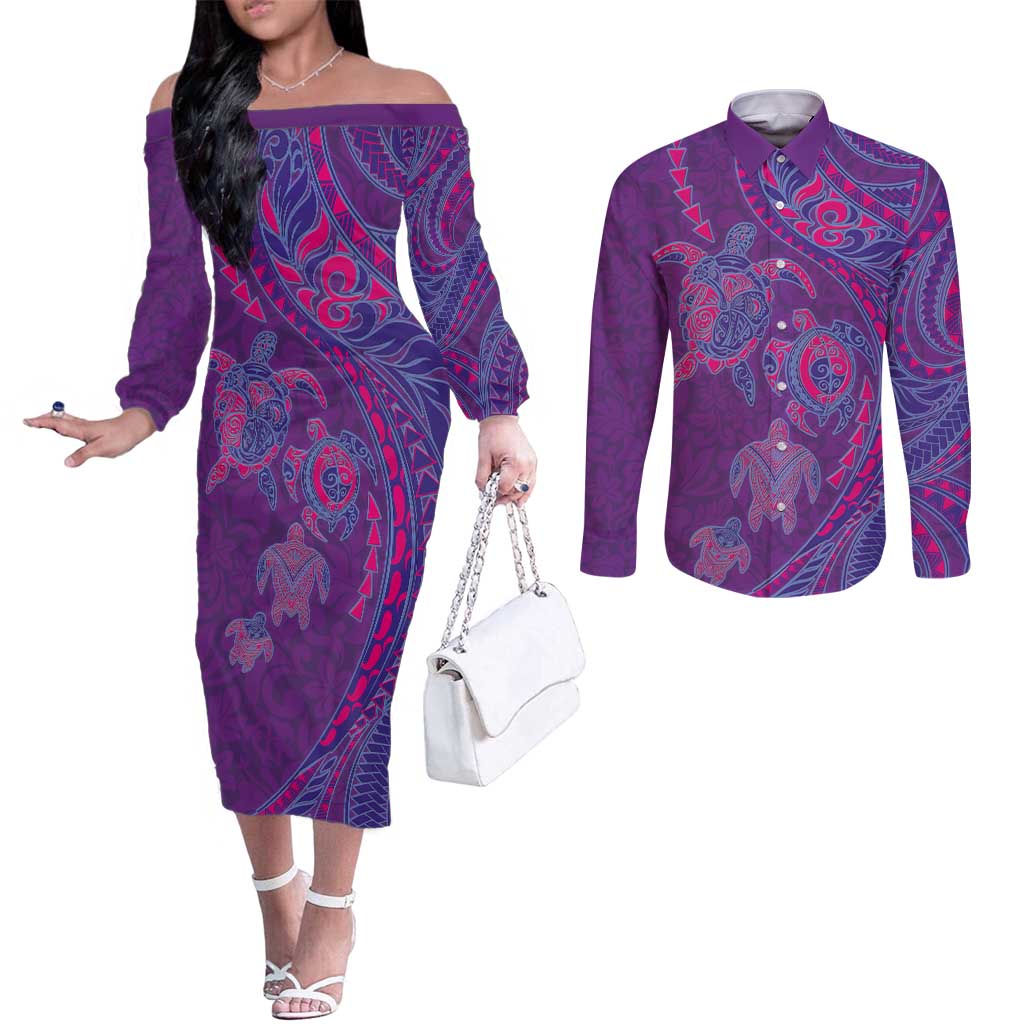 Hawaiian Turtles and Polynesian Art Tattoo Couples Matching Off The Shoulder Long Sleeve Dress and Long Sleeve Button Shirt Dusky Violet