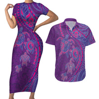 Hawaiian Turtles and Polynesian Art Tattoo Couples Matching Short Sleeve Bodycon Dress and Hawaiian Shirt Dusky Violet LT03 Purple - Polynesian Pride