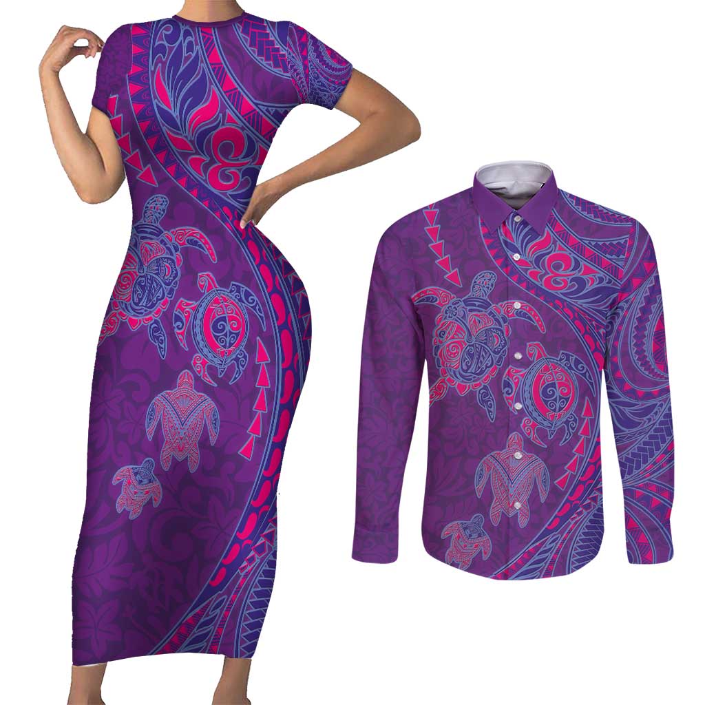 Hawaiian Turtles and Polynesian Art Tattoo Couples Matching Short Sleeve Bodycon Dress and Long Sleeve Button Shirt Dusky Violet
