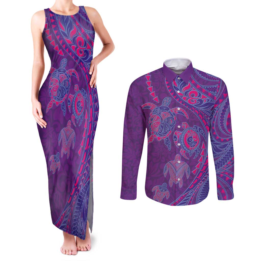 Hawaiian Turtles and Polynesian Art Tattoo Couples Matching Tank Maxi Dress and Long Sleeve Button Shirt Dusky Violet