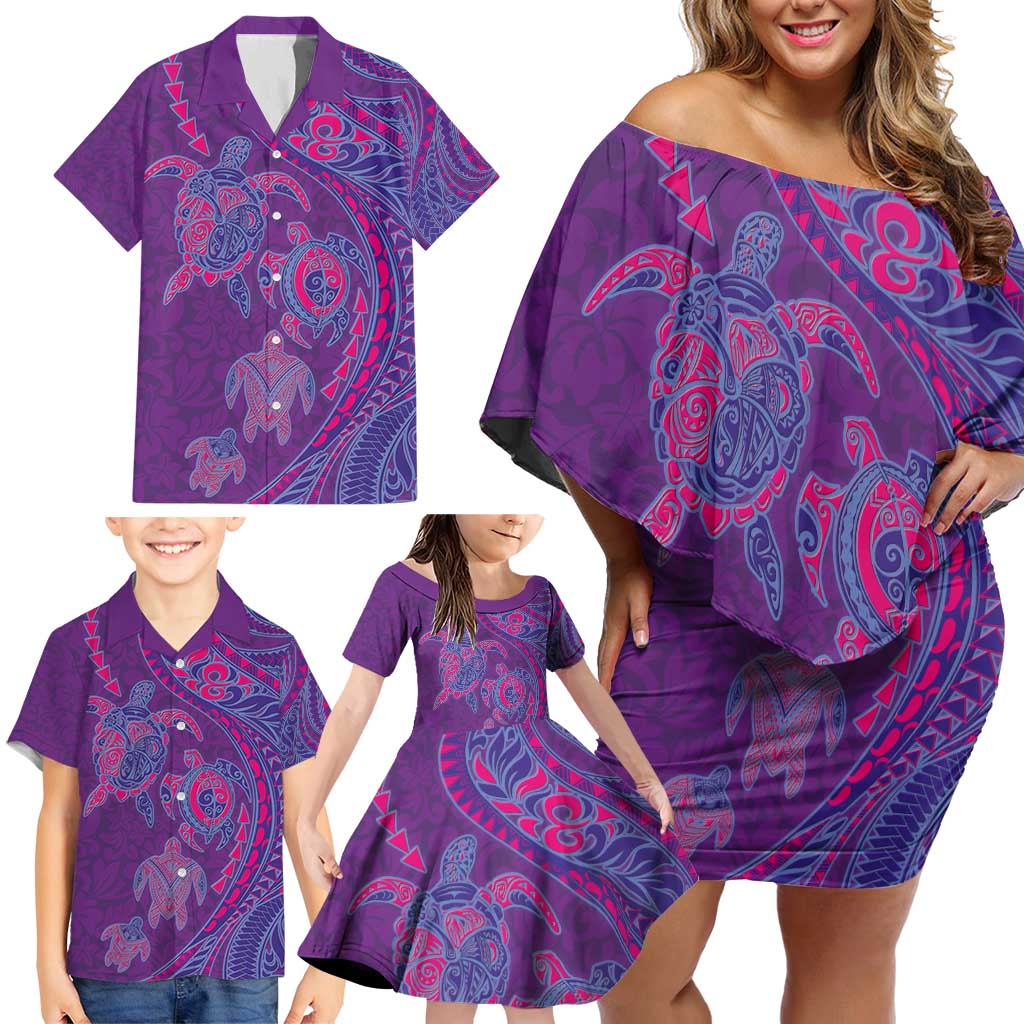 Hawaiian Turtles and Polynesian Art Tattoo Family Matching Off Shoulder Short Dress and Hawaiian Shirt Dusky Violet