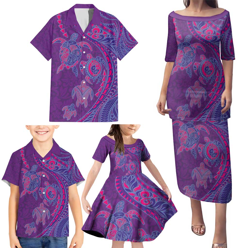Hawaiian Turtles and Polynesian Art Tattoo Family Matching Puletasi and Hawaiian Shirt Dusky Violet LT03 - Polynesian Pride