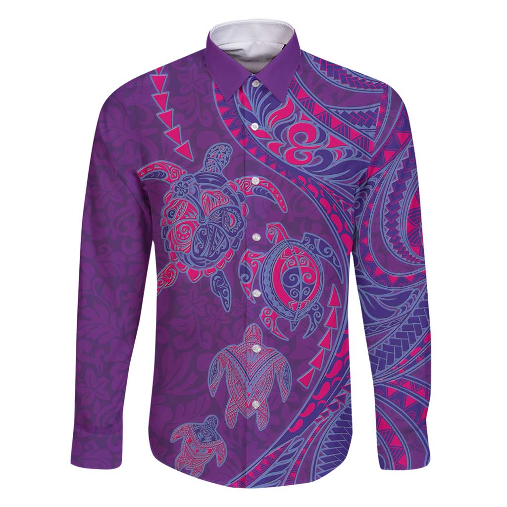 Hawaiian Turtles and Polynesian Art Tattoo Family Matching Summer Maxi Dress and Hawaiian Shirt Dusky Violet LT03 Dad's Shirt - Long Sleeve Purple - Polynesian Pride