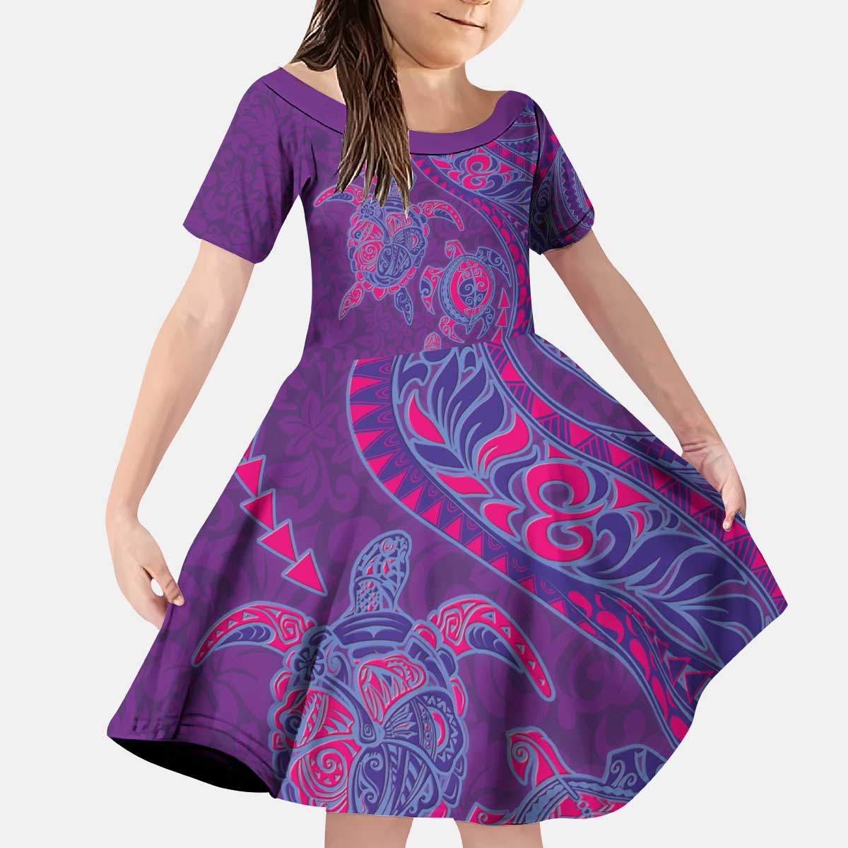 Hawaiian Turtles and Polynesian Art Tattoo Kid Short Sleeve Dress Dusky Violet