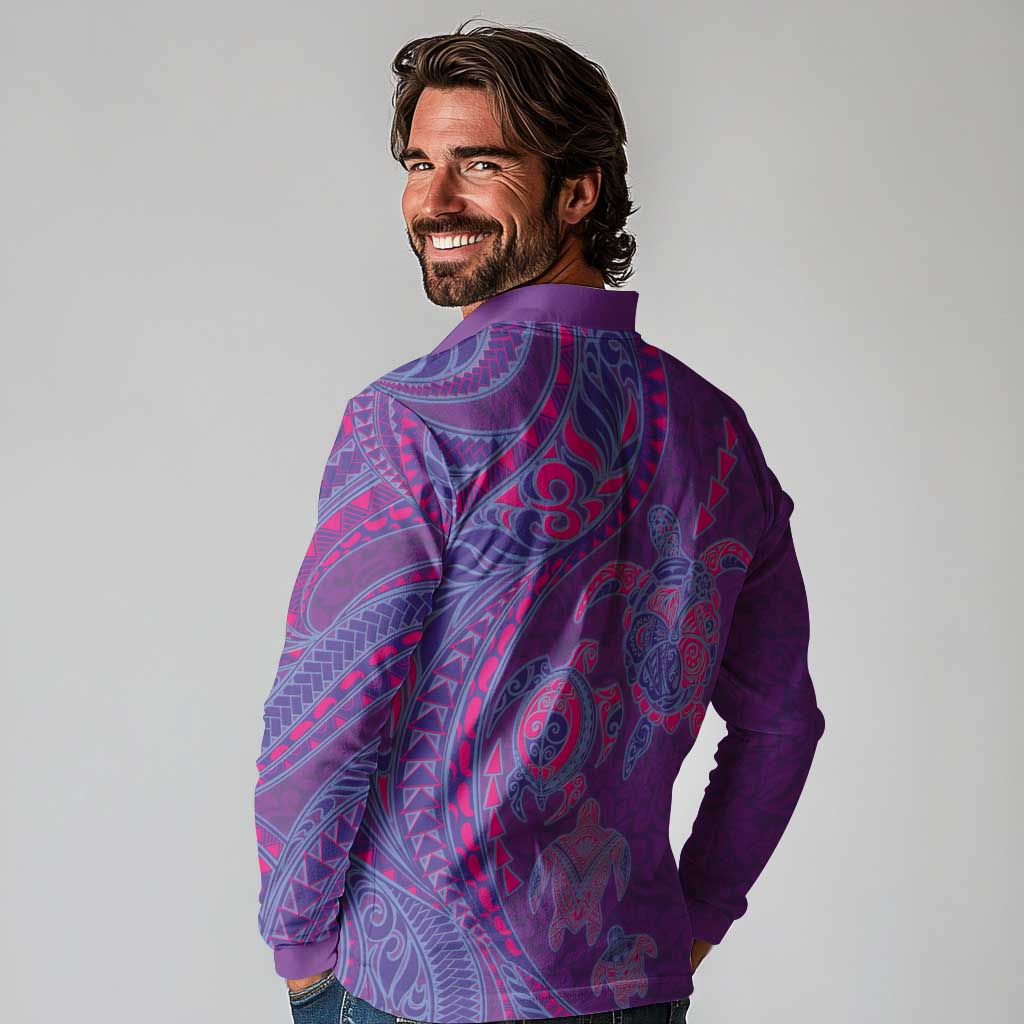 Hawaiian Turtles and Polynesian Art Tattoo Long Sleeve Polo Shirt Dusky Violet