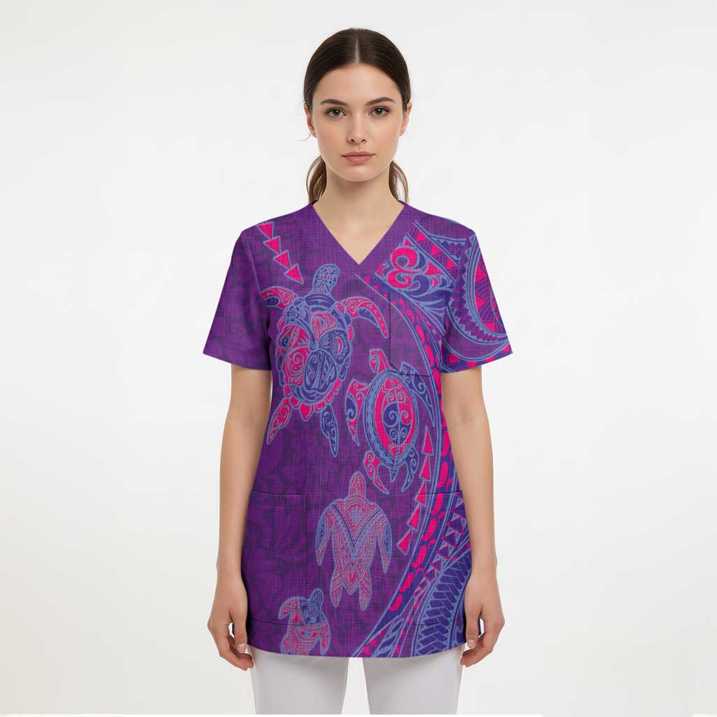 Hawaiian Turtles and Polynesian Art Tattoo Scrub Top Dusky Violet LT03 - Polynesian Pride