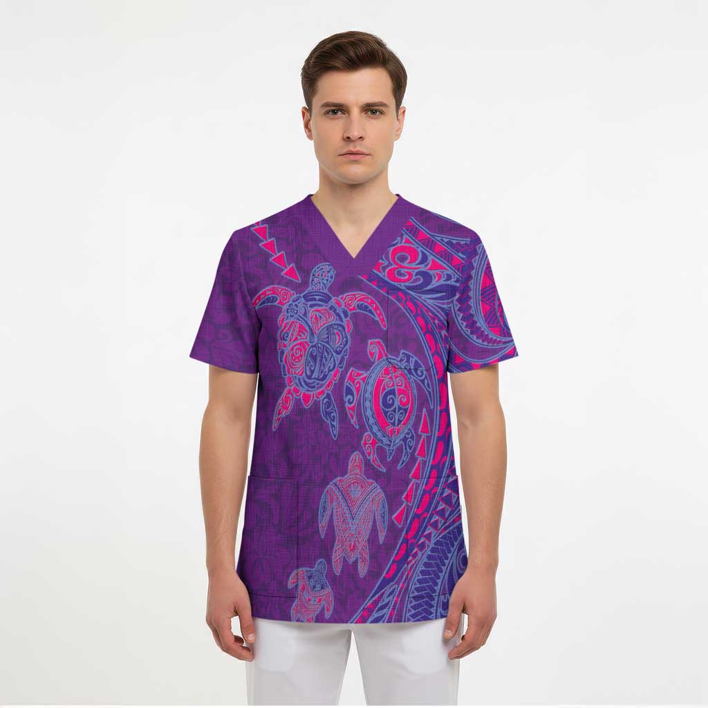 Hawaiian Turtles and Polynesian Art Tattoo Scrub Top Dusky Violet LT03 - Polynesian Pride