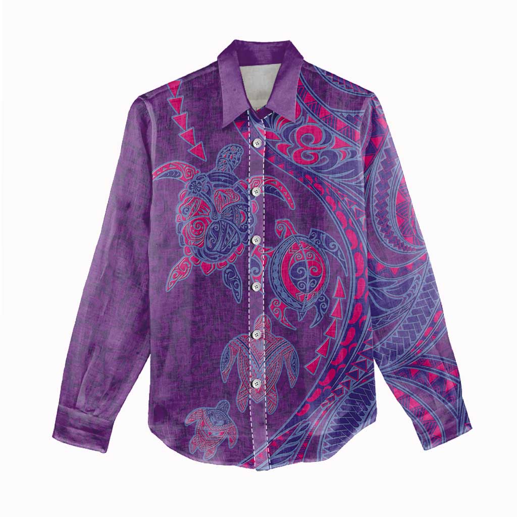 Hawaiian Turtles and Polynesian Art Tattoo Women Casual Shirt Dusky Violet