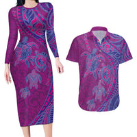 Hawaiian Turtles and Polynesian Art Tattoo Couples Matching Long Sleeve Bodycon Dress and Hawaiian Shirt Cerise LT03 Pink - Polynesian Pride