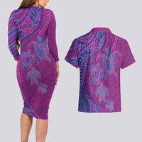 Hawaiian Turtles and Polynesian Art Tattoo Couples Matching Long Sleeve Bodycon Dress and Hawaiian Shirt Cerise LT03 - Polynesian Pride