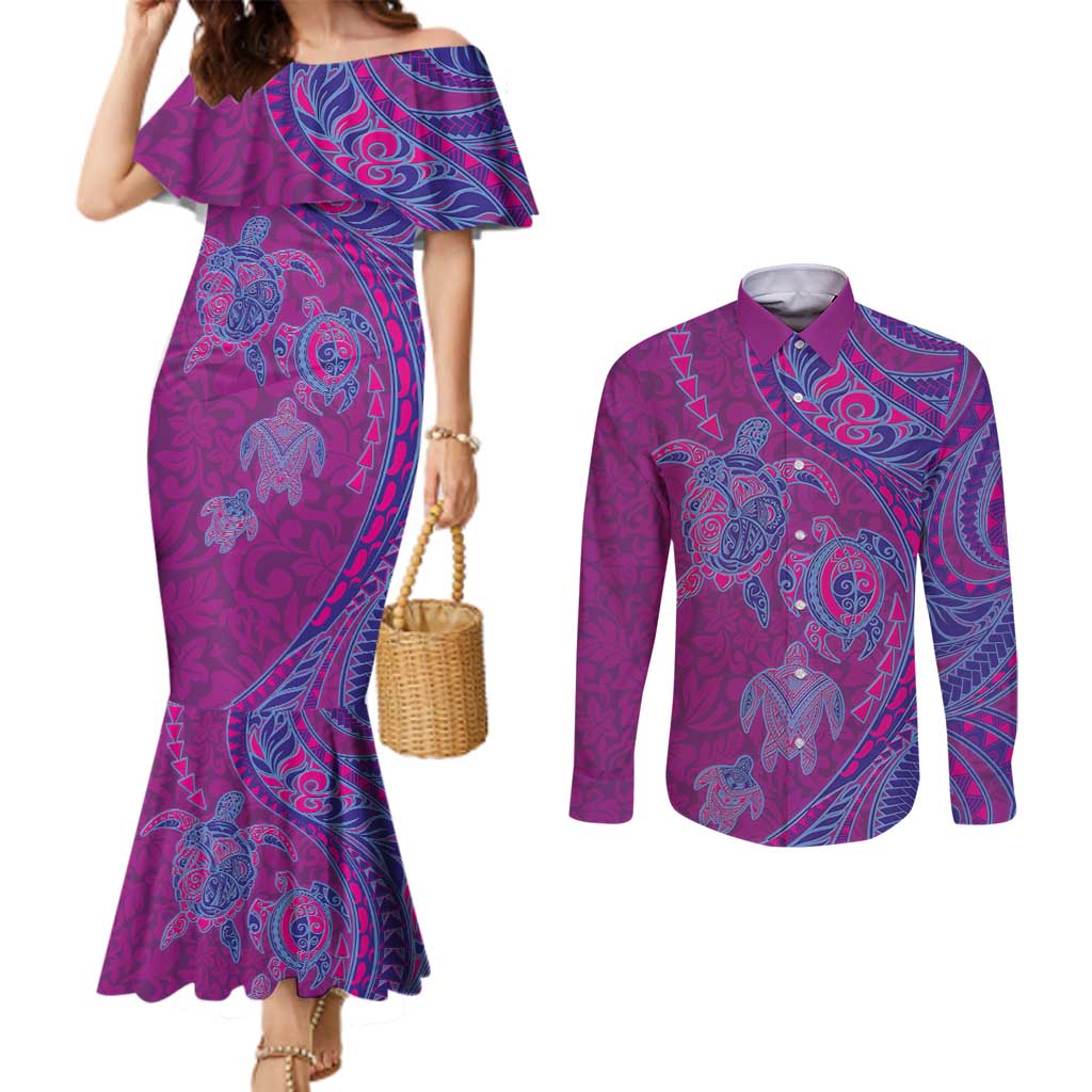 Hawaiian Turtles and Polynesian Art Tattoo Couples Matching Mermaid Dress and Long Sleeve Button Shirt Cerise