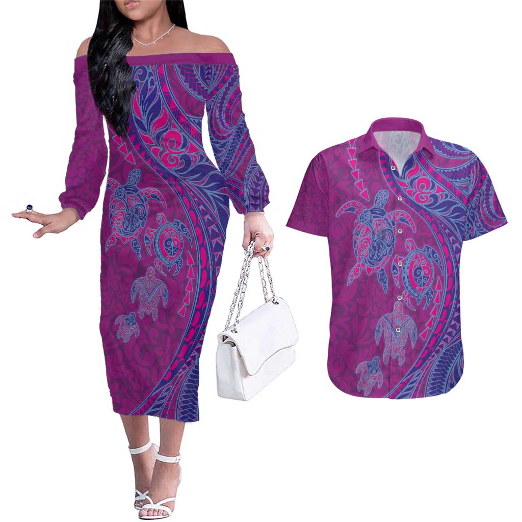 Hawaiian Turtles and Polynesian Art Tattoo Couples Matching Off The Shoulder Long Sleeve Dress and Hawaiian Shirt Cerise LT03 Pink - Polynesian Pride