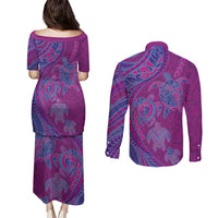 Hawaiian Turtles and Polynesian Art Tattoo Couples Matching Puletasi and Long Sleeve Button Shirt Cerise LT03 - Polynesian Pride