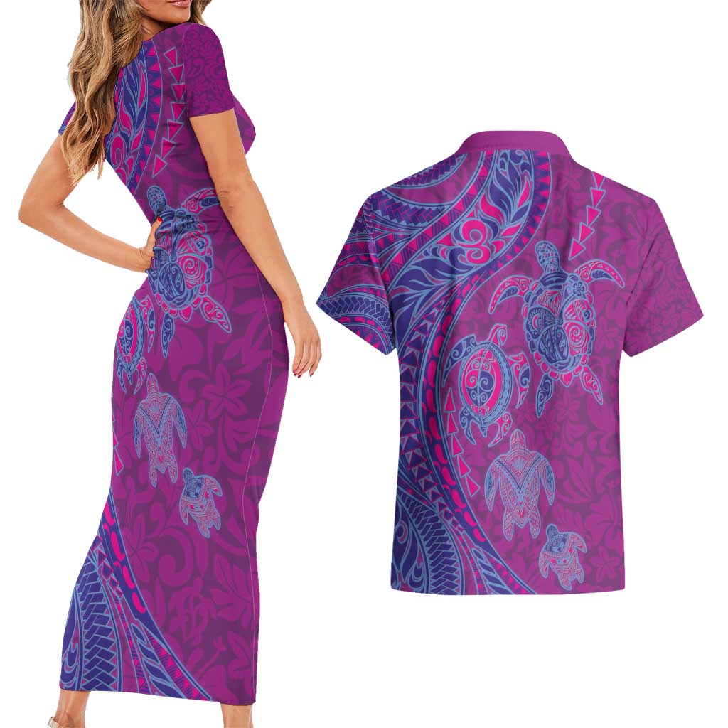 Hawaiian Turtles and Polynesian Art Tattoo Couples Matching Short Sleeve Bodycon Dress and Hawaiian Shirt Cerise LT03 - Polynesian Pride