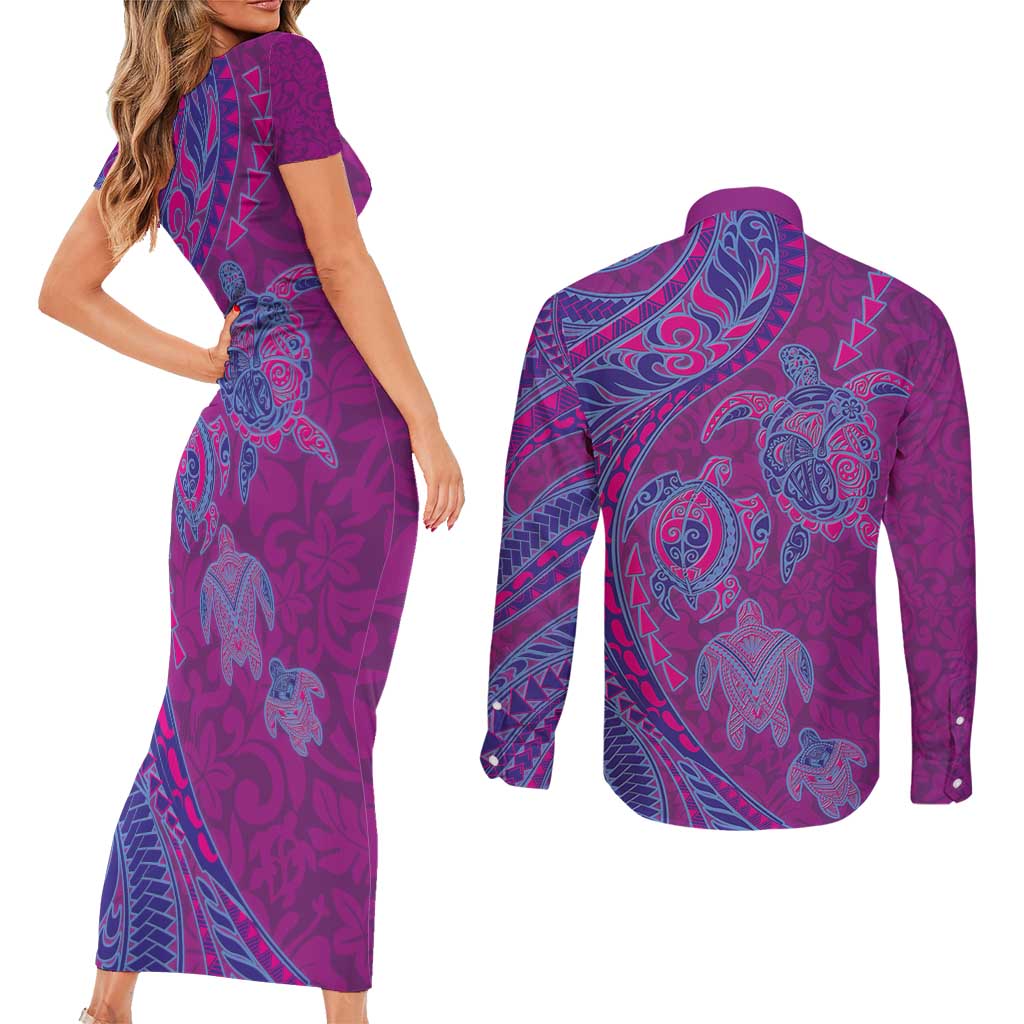 Hawaiian Turtles and Polynesian Art Tattoo Couples Matching Short Sleeve Bodycon Dress and Long Sleeve Button Shirt Cerise