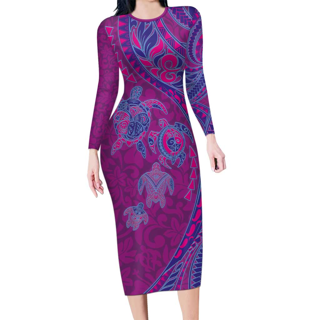 Hawaiian Turtles and Polynesian Art Tattoo Family Matching Long Sleeve Bodycon Dress and Hawaiian Shirt Cerise LT03 Mom's Dress Pink - Polynesian Pride